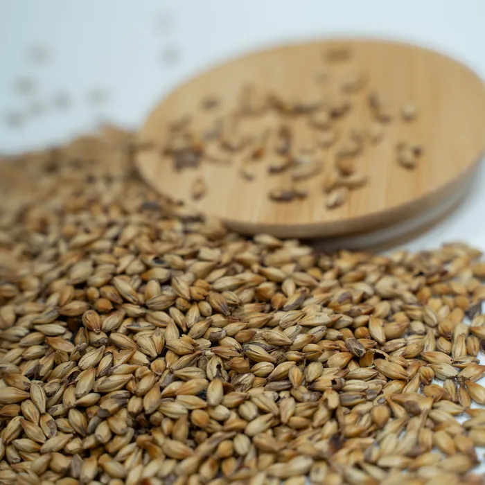 A pile of pale malted barley beside a wooden lid holding a few grains