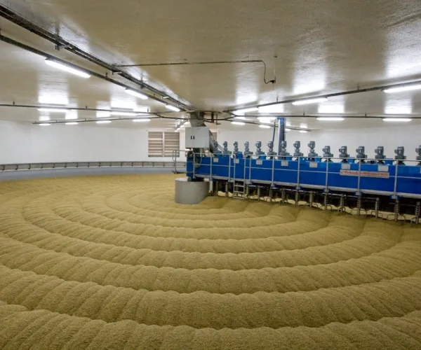 Round germination vessel with a bed of grain and a turning machine